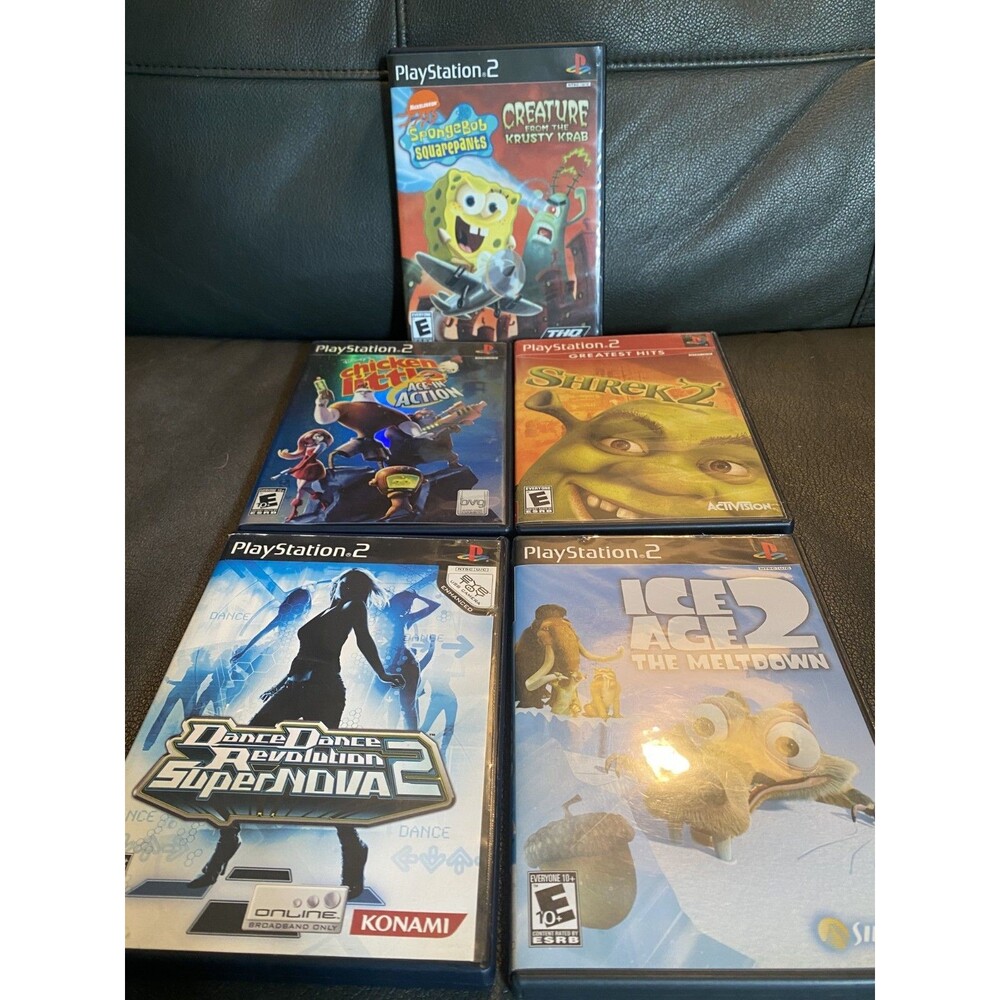 Kids Gaming 5 PlayStation 2 Games SpongeBob, Chicken Little, Ice Age, Shrek 2